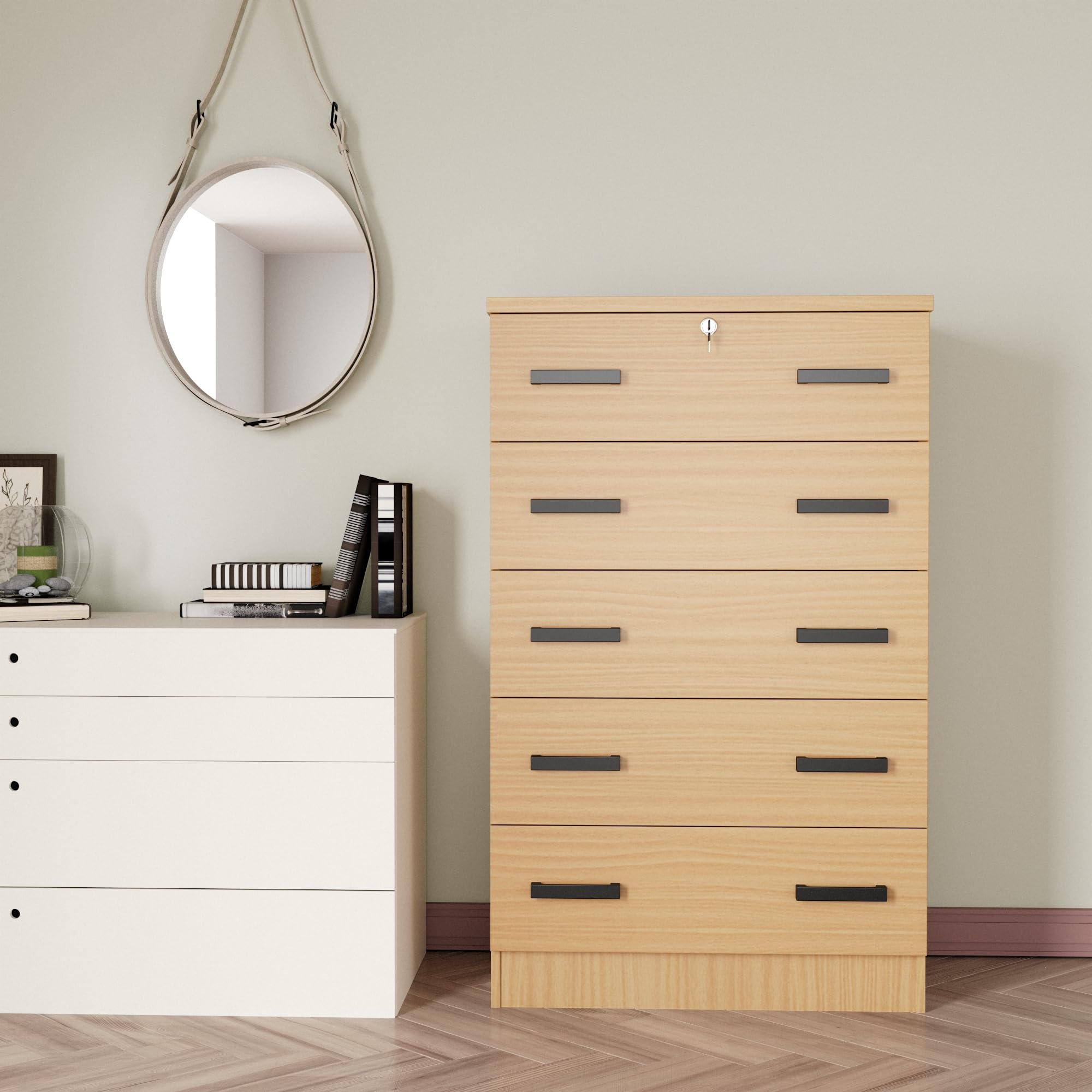 Amazon｜Cindy 5段引き出しチェスト 木製ドレッサー ロック付き (ブナ